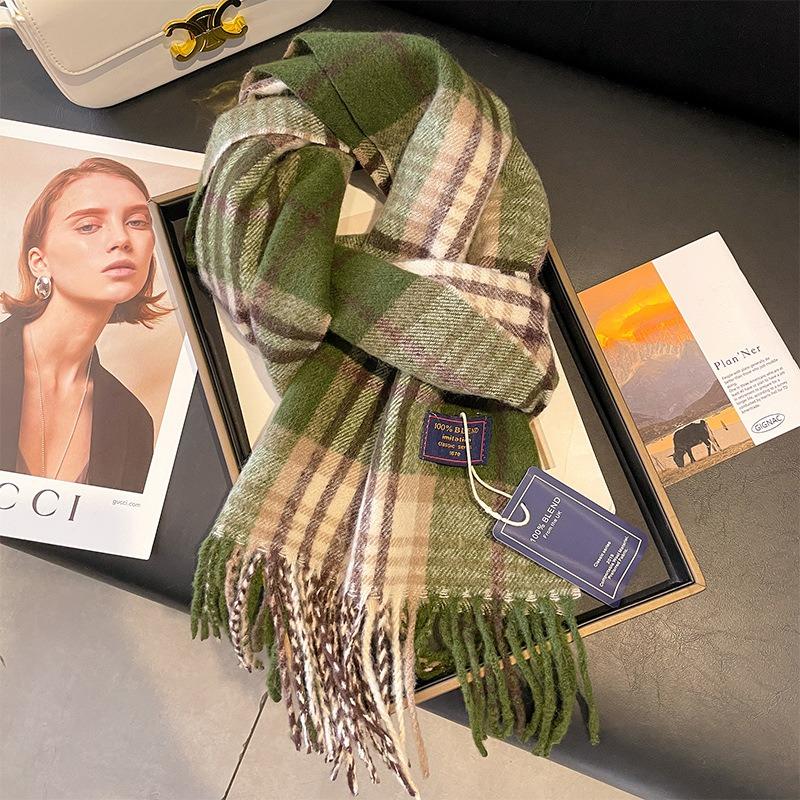 Retro Green Plaid Scarf Women's Autumn and Winter Plaid Imitation Cashmere Student Couple Shawl Scarf