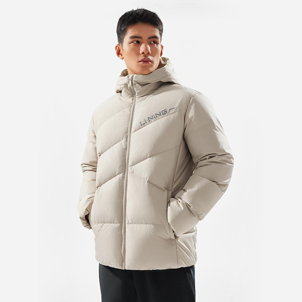 Li Ning Fitness Series Water-Resistant Infrared Thermal Casual Hooded Short Zipper Down Jacket Men Outerwear Dusty-Gray AYMV767-3