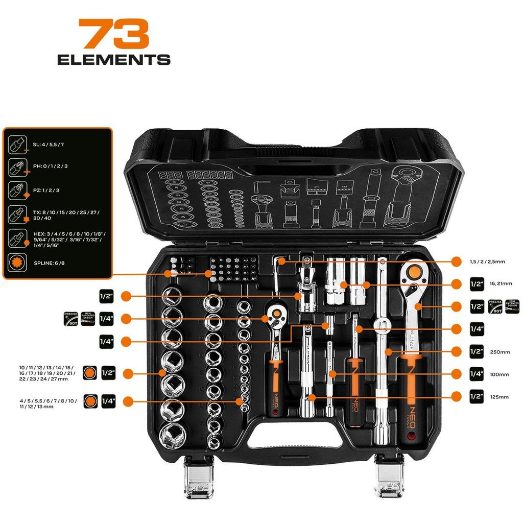 Набор торцевых головок 1/4'' 1/2'' 73 предмета - T N10-054