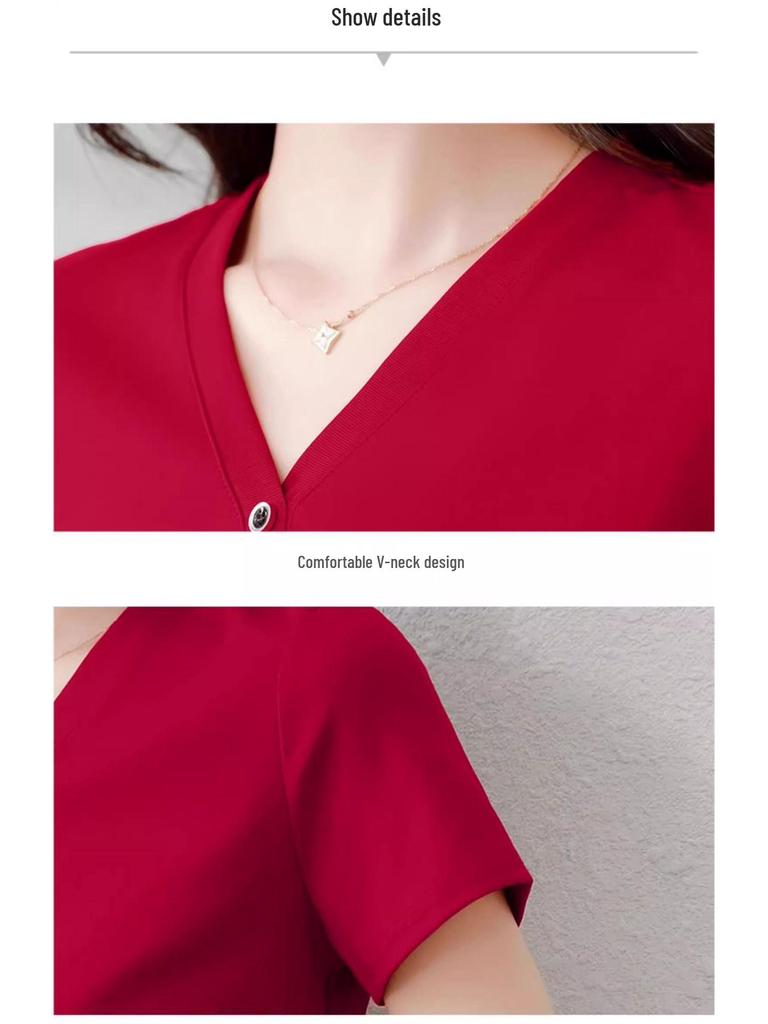 2025 Стильная футболка с V-образным вырезом, приталенная, для миниатюрных, с коротким рукавом
