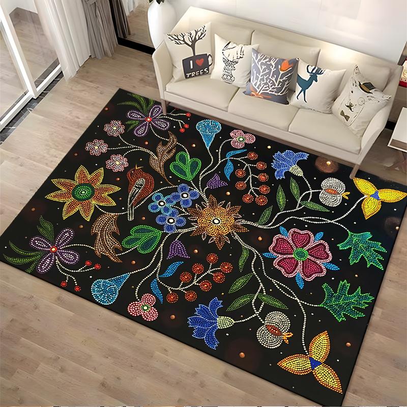 Colorful Floral Pattern Carpet with Mandala Style on Black Background Suitable for use as an anti-slip for living room bedroom sofas