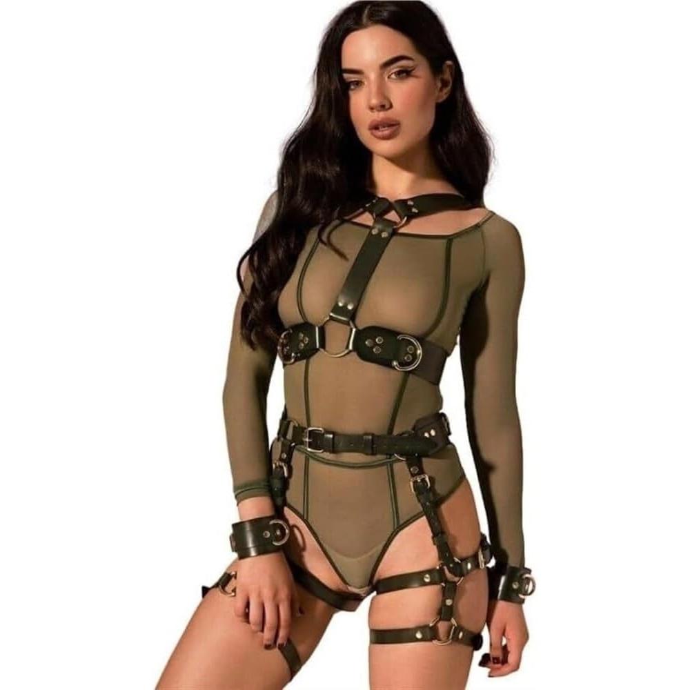 Women's Punk Full Body Harness Gothic Garter Belt Party Suspenders Leather Cage Chest Strap Set with Handcuffs Bondage Gear