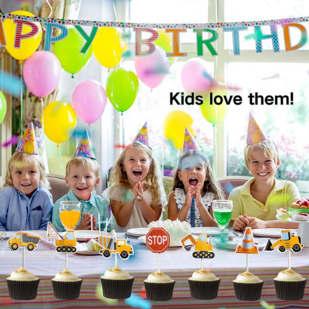 Construction Cupcake Toppers Picks Dump Truck Excavator Tractor Cake Toppers for Kids Birthday Baby Shower Party Decorations