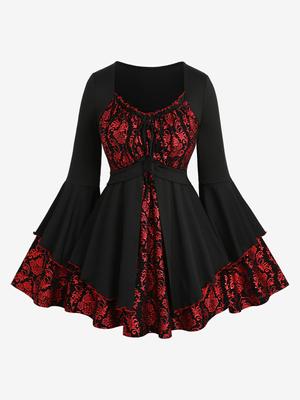 Rosegal Plus Size Sparkling Sequined Floral Stamping Glitter Knitted Patchwork Cinched Ruffles Arms Top