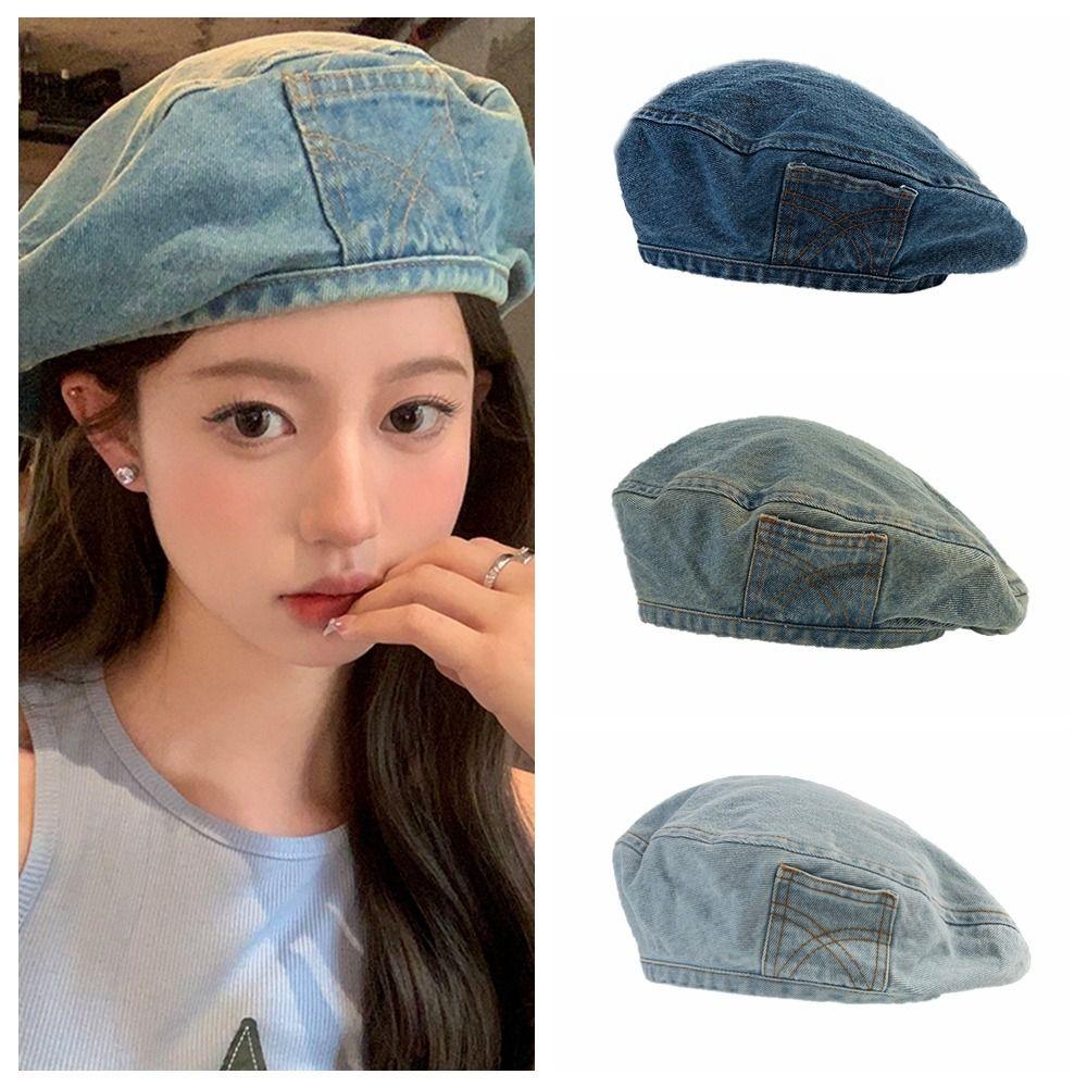 Newsboy Cap Painter Hat Korean Style Octagonal Hat Retro Denim Beret Streetwear