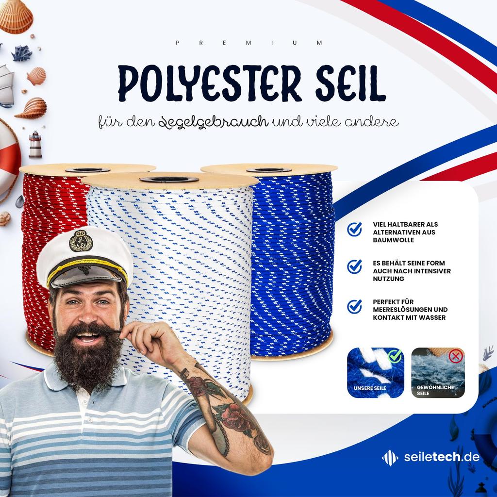 Polyesterseil | 10mm | 20m | Rot mit Weiss Flecken | Schotseil | Kordel | 16-Fach geflochten | gutter Griff
