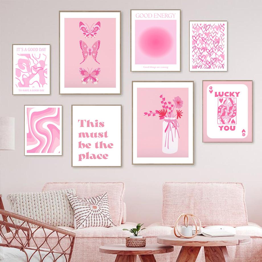 Pink Abstract Girl Flower Butterfly Good Energy Quote Wall Art Canvas Painting Posters And Prints Pictures For Living Room Decor