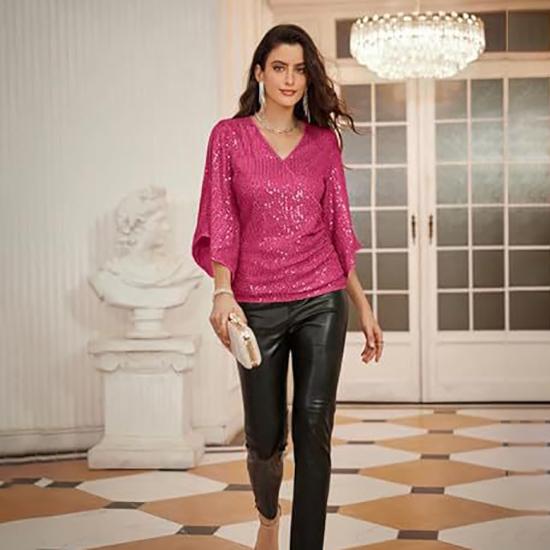 Women's Spring and Autumn Fashion Sequin Hipped Trumpet Sleeve V-neck Slim Party Pullover Top