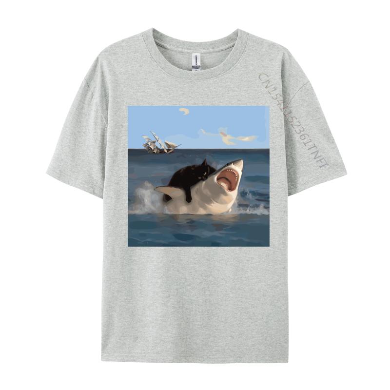 Cat Biting Shark Funny Art and Cat Lover Funny Cat and Shark Printed Cotton Unisex Tops Shirt Normal Hip Hop 2026 Summer TShirt