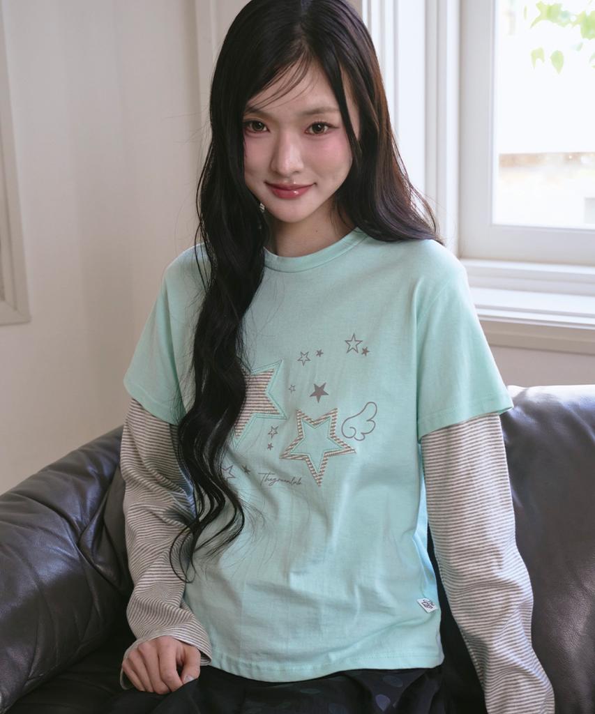 THE GREEN LAB Star Patch St Layered T-Shirt [Mint]
