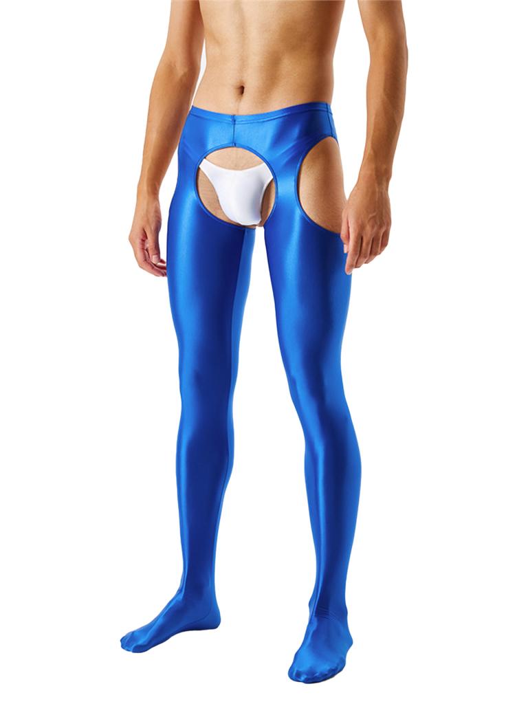 Mens Cutout Crotchless Pantyhose Glossy Mid Waist Tights Leggings