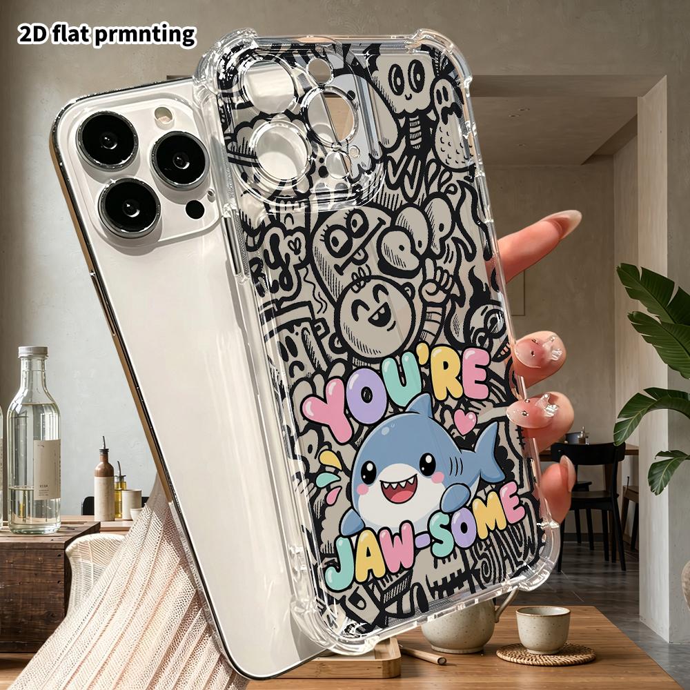 Чехол для телефона: 2D плоский, подходит для iPhone 18 17 16 15 14 13 Pro, прозрачный защитный чехол с четырьмя углами, маленькая акула, рождественские и хэллоуинские подарки