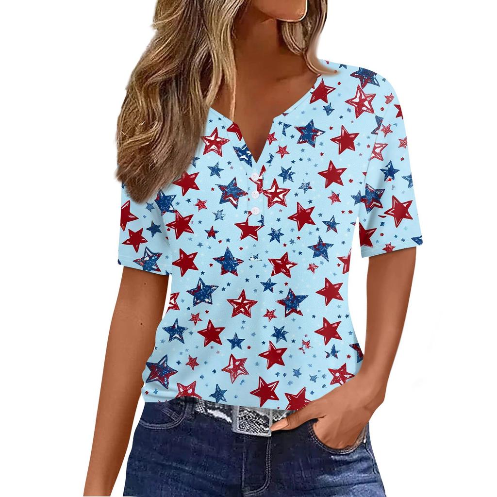 Women's T Shirt Independence Day Print Button Short Sleeve Daily Weekend Fashion Basic V- Neck Regular Top