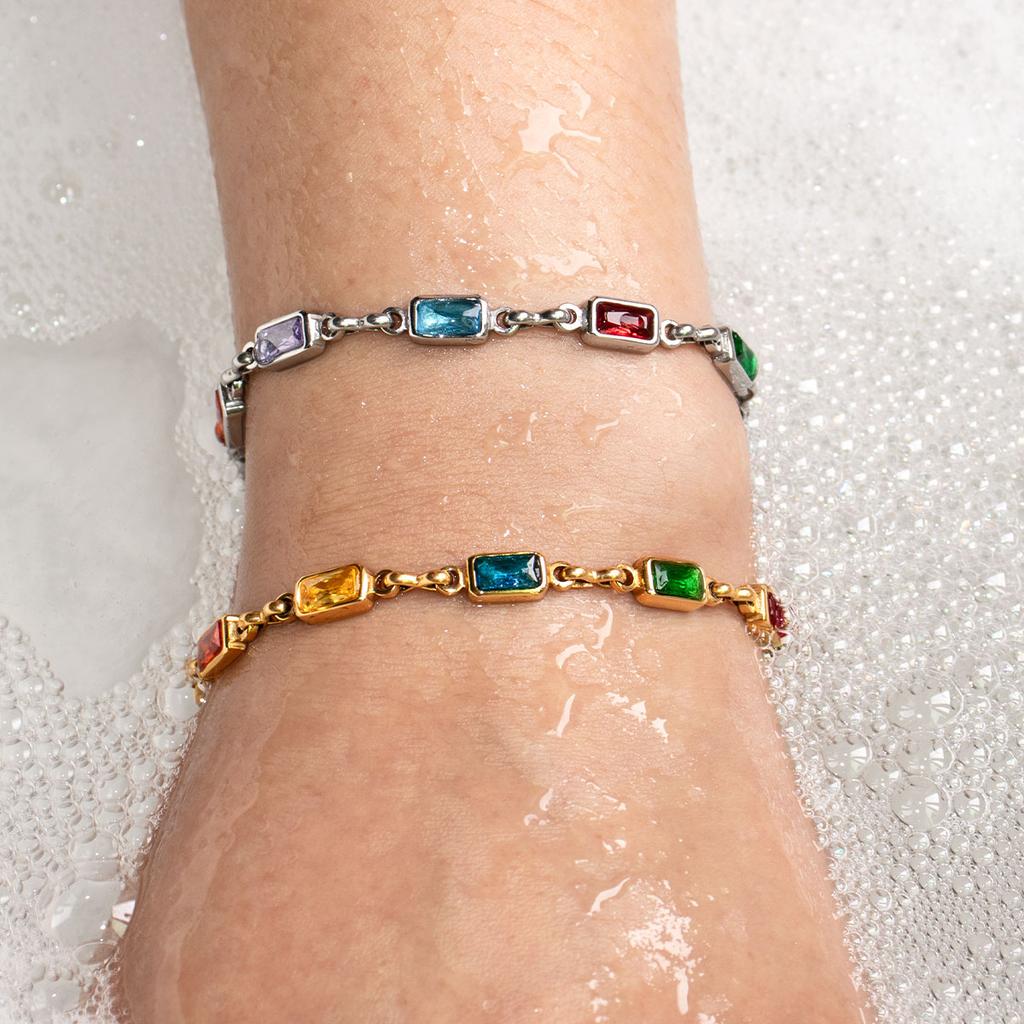 New Arrival Dainty Multi Color Gemstone Layered Necklace Waterproof Jewelry Rectangle Colorful Cubic Zircon Link Chain Necklace