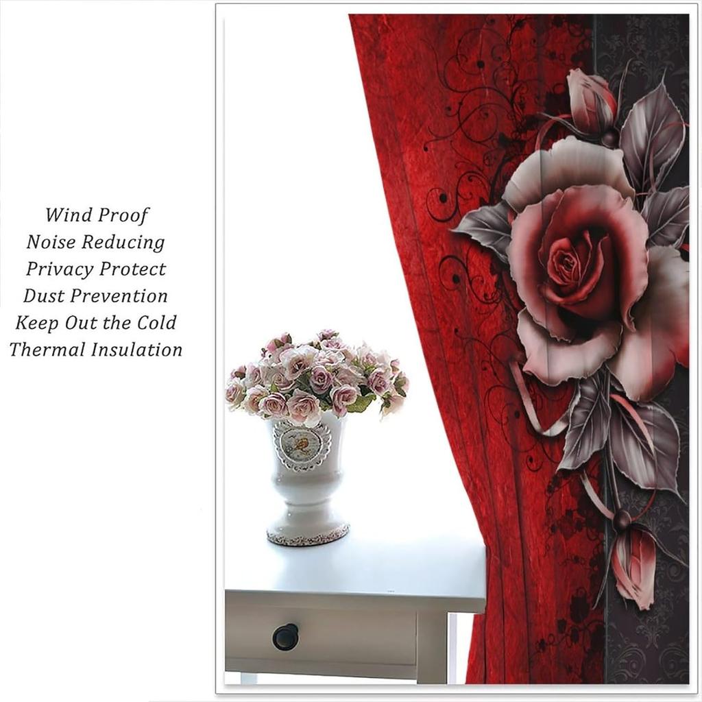 Red Rose Curta,Valentines Romantic Rose Print Burgundy Red And Black Flower Window Treatments For Women Girls Home Decor