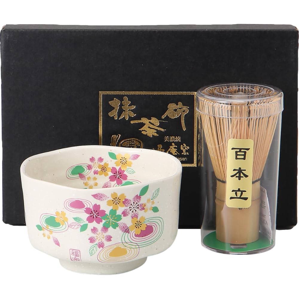 Matcha Cherry Blossom Dry Landscape with Tea Whisk Mino Made in Tea Ceremony Utensils Ale-net Bowl, (Powdered Glaze), Set, Ceramic, Ware, Japan,