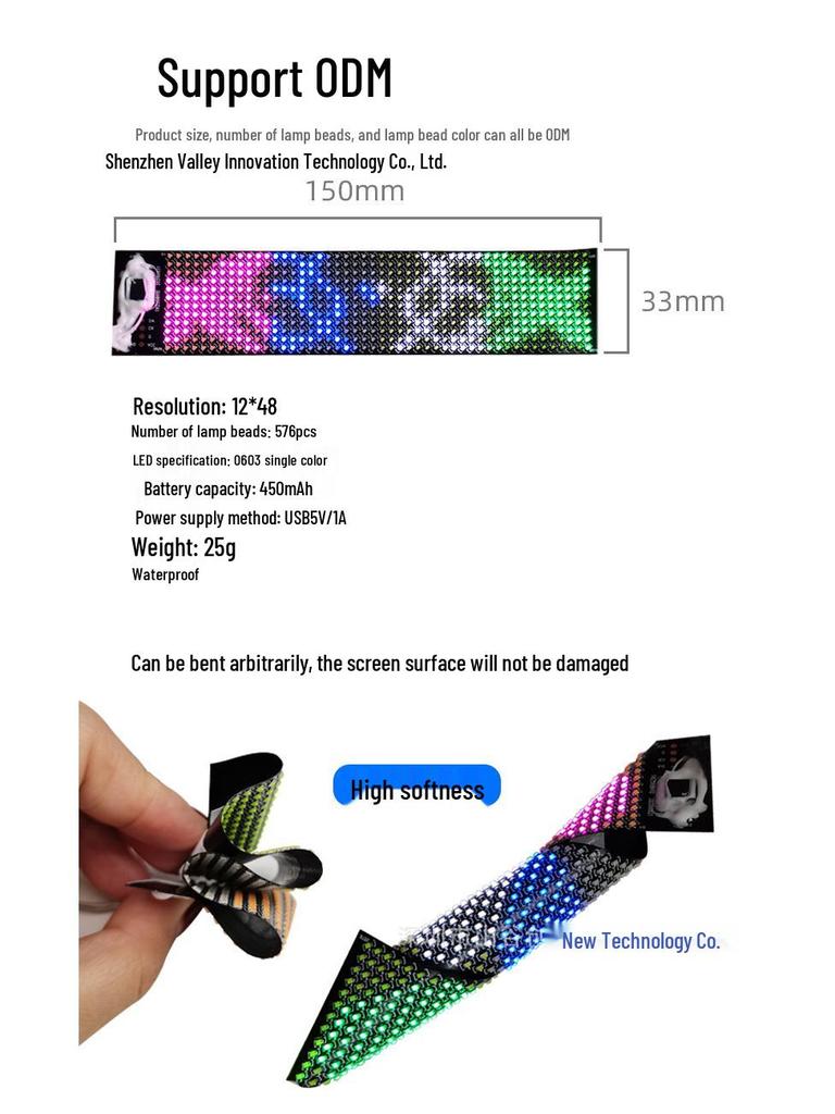 Гибкий светодиодный экран высокого разрешения 12x48 - RGB-матрица с бегущей строкой, управляемая по Bluetooth, для рекламы