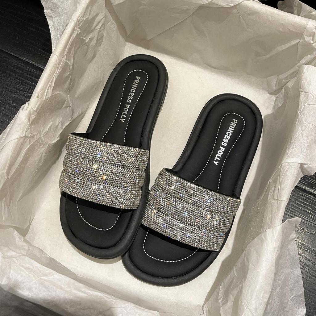 Slippers Female Summer Outer Wear 2025 New Fairy Style Fashion Rhinestone Flat Bottom One-word Drag Out Beach Cool Slippers