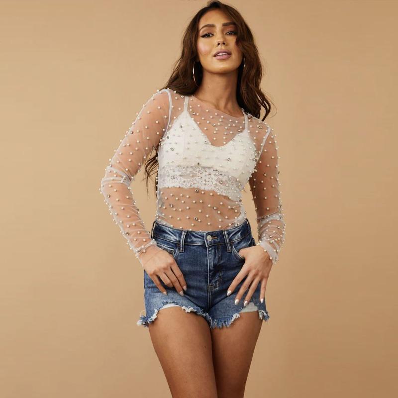 Женский прозрачный сетчатый топ с бусинами и стразами