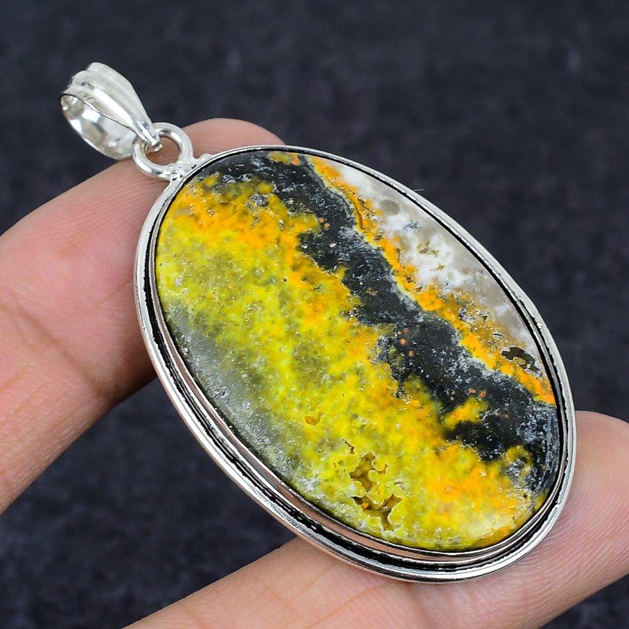 Bumble Bee Jasper Gemstone Handmade 925 Sterling Silver Pendant 2.40" H0z20