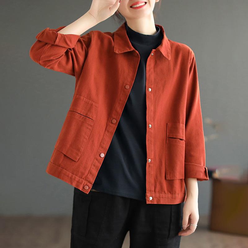 Cotton Jacket Women Autumn Short Casual Button Jacket Loose Simple Large Size Long Sleeve Tops