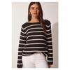 Women's Open Work (Hole) Striped Knitwear Sweater Black M230-6767