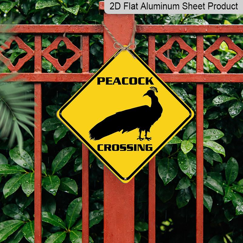 2D Flat 1pc, Funny Peacock Crossing Sign - Heavy-Duty Iron Metal Plaque with Peacock & Rooster Design Suitable for Indoor/Outdoor Use - Farmhouse