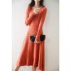 Women's Pure Wool V-Neck Ribbed Knit Dress: Slim, A-Line, Warm Autumn/Winter Sweater Skirt.