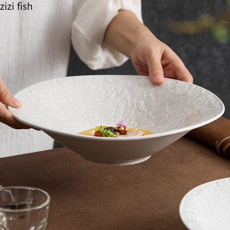 Lunar Textured Ceramic Small Footed Bowl Salad Bowl Spaghetti Bowl Dessert Bowls Deep Bowls Restaurant Creative Tableware