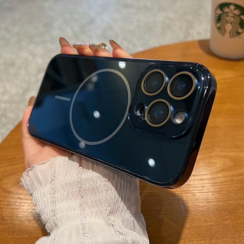 Applicable to iPhone16 electroplated glass thin ring magnetic mobile phone case Apple 15 lens film protective case