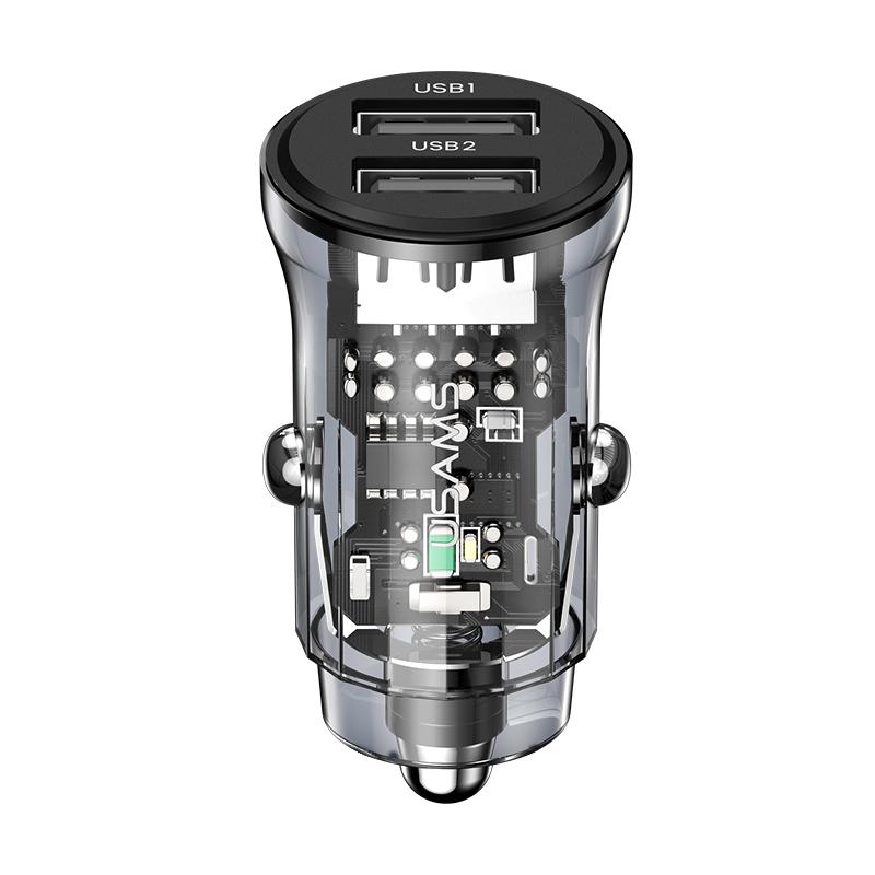 USAMS Автомобильное зарядное устройство с двумя USB-портами, 5 В, 3 А, 15 Вт, мини-автомобильное быстрое зарядное устройство с синим рассеянным светом для iPhone 13, 12, iPad, Huawei, Samsung, Xiaomi