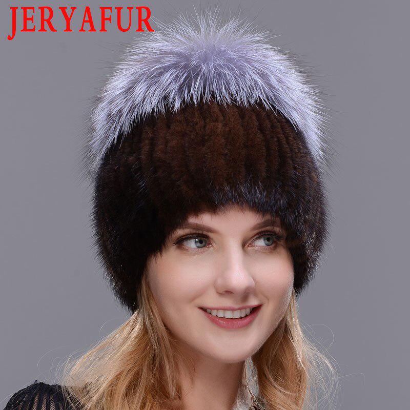 JERYAFUR Вязаная женская шапка с мехом норки пэчворк