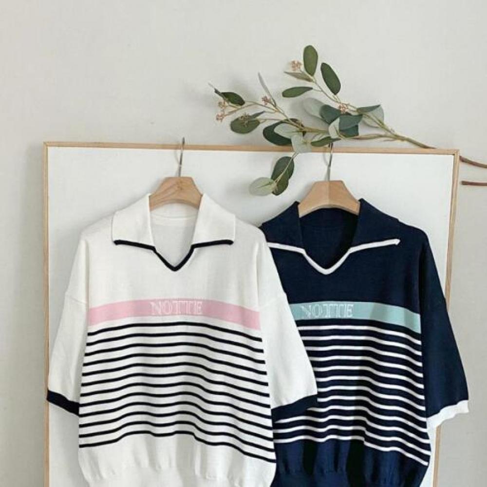 New Arrivals Open Run Women Color Block Stripe Slit Collar Loose Fit Short Sleev