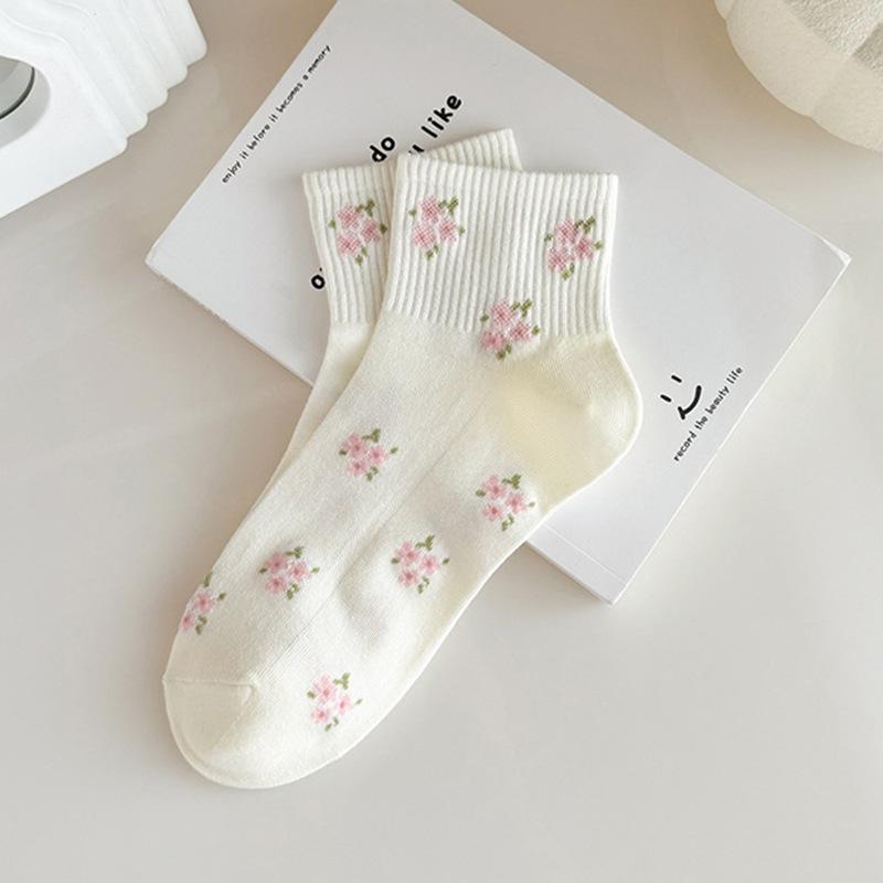Women's Autumn/Winter Short Socks - Cute Japanese Style with Pink Flowers, Polka Dots & Bow, White Versatile Design