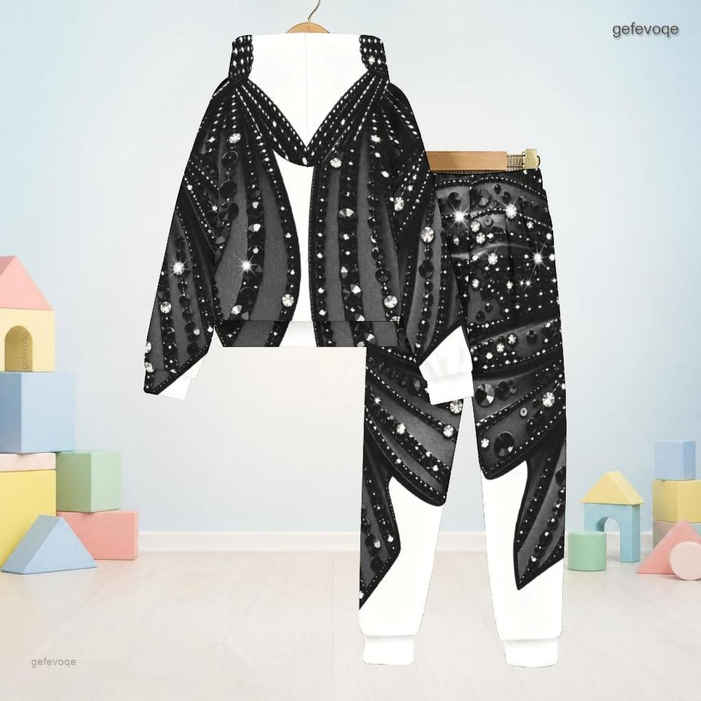Kids Boys Girls Black Printed Tree Floral Hooded Long Sleeve Sweatshirt Cuffed Pants Two Piece Set