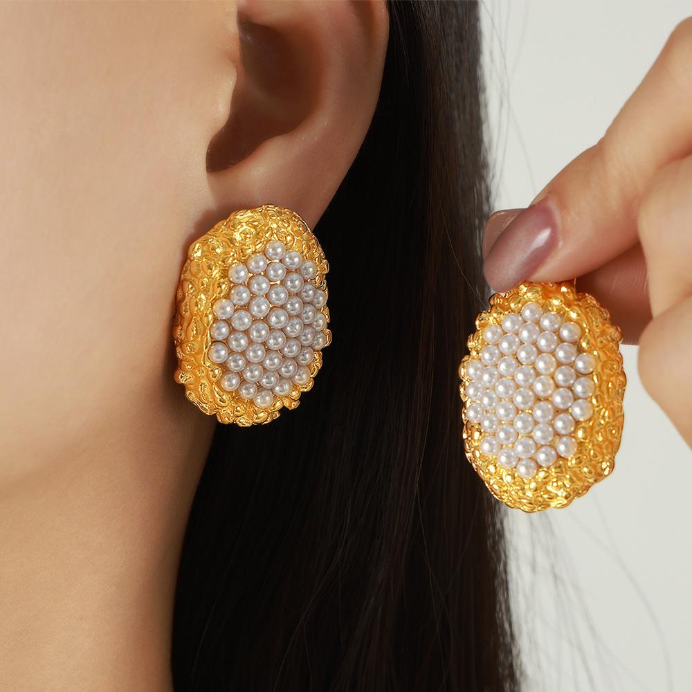 Серьги French Design Sense Oval Honeycomb, женские модные, легкие, роскошные, стильные, серьги-бусины, серьги-пуговицы из титановой стали с покрытием из настоящего золота