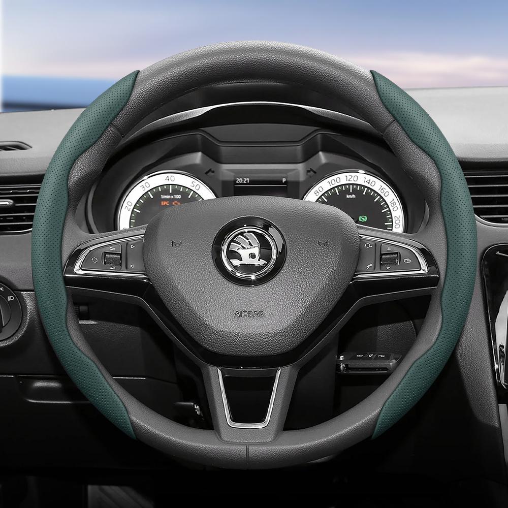 WFM1 Подходит для Skoda Дышащий кожаный чехол на руль с сегментированным дизайном и быстрой фиксацией, нескользящий и прочный, Octavia Rapid Kodiaq
