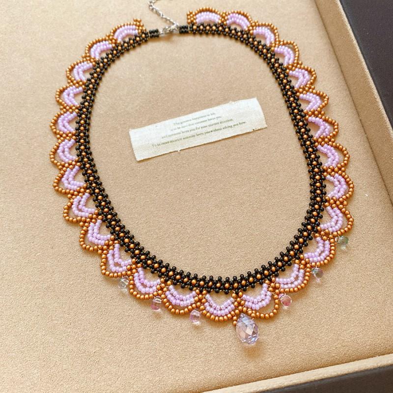 Boho Vintage Glass Bead Chain Necklace Bracelet Set Women Geometric Electroplated Finish Lightweight Statement