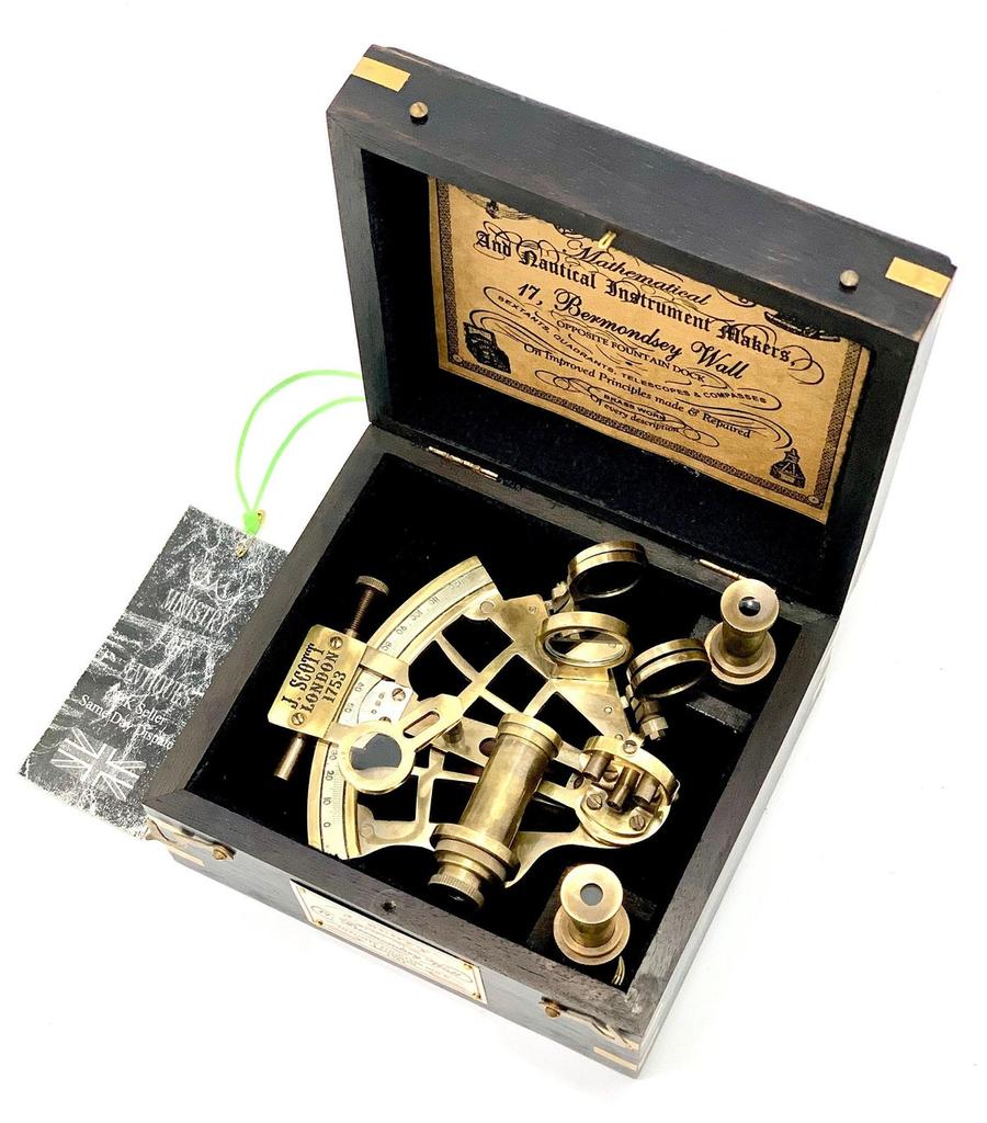Antique Maritime Nautical Sextant Vintage Marine Astrolabe Ship's Instruments with Wooden Box Brass Ship Sextant with Hardwood Engraved Box