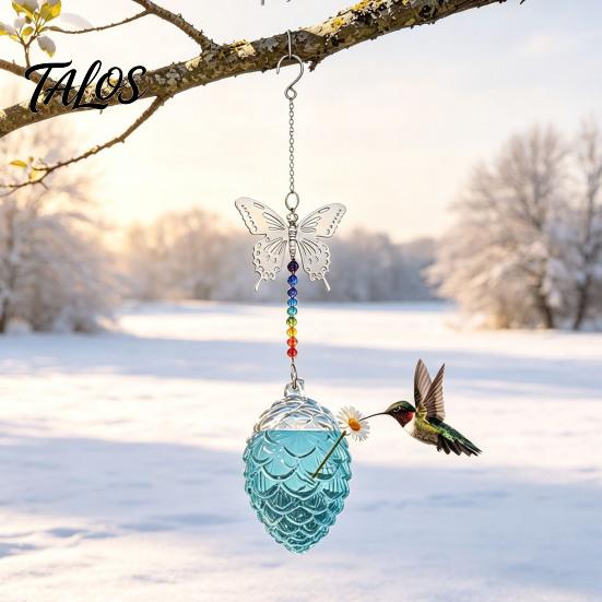 Backyard Bird Watching Gift Pine Cone Shape Glass Hummingbird Feeder with Butterfly/Dragonfly Decor, Outdoor Hanging Weatherproof Garden Ornament