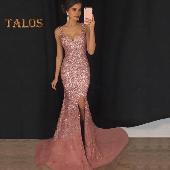 Женское вечернее платье с глубоким V-образным вырезом, разрезом по низу, блестками, узким подолом, застежкой-молнией сзади, без рукавов, выпускное коктейльное платье длиной до пола, бальное платье