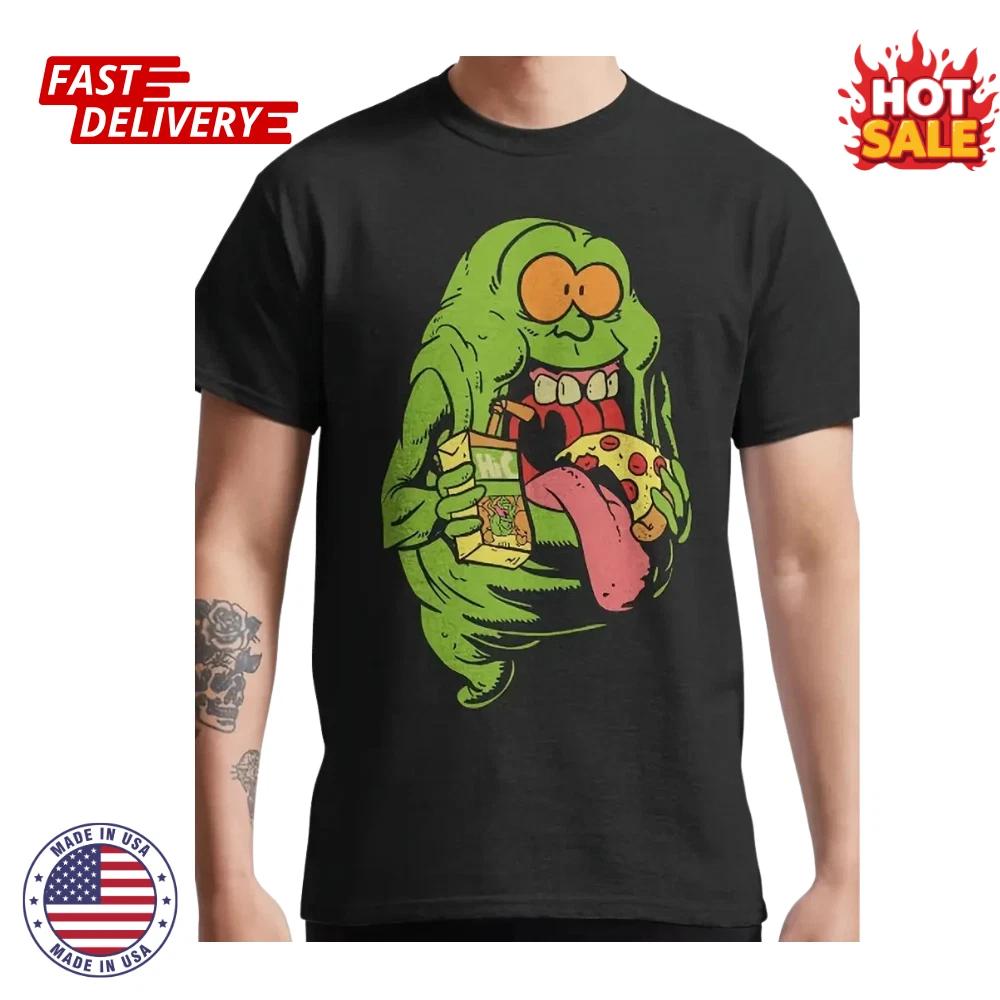 Ghostbusters Crew Neck T shirt with Playful Slime and Pizza Patterns Inspired NEW