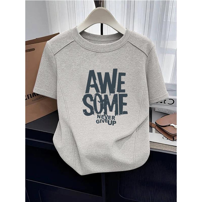 New line front shoulder cotton short-sleeved t-shirt women's slim and thin gray bottoming shirt top summer t-shirt