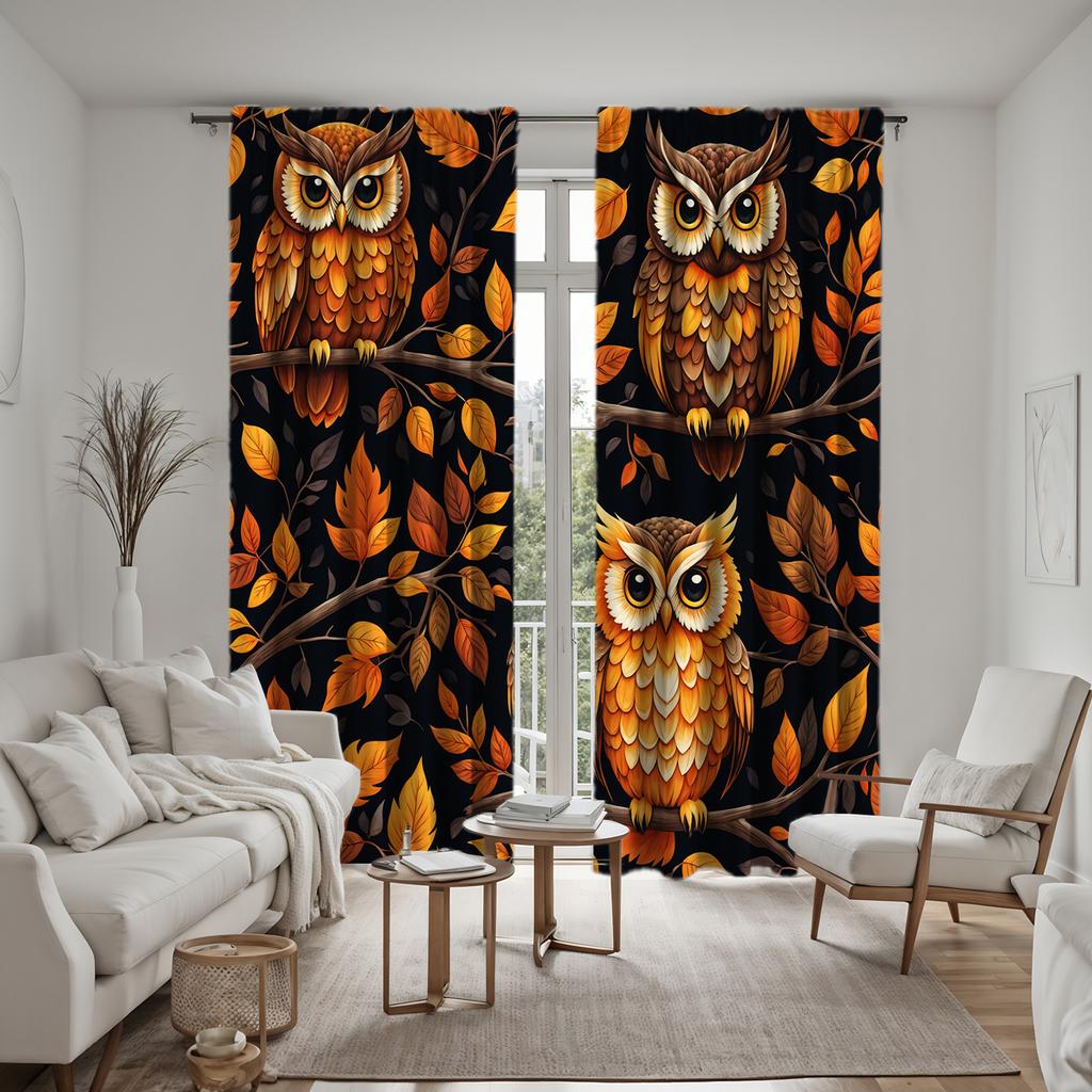 2 Pieces of HD Maple Tree Three Owl Curtains Yellow Tie Digital Printed Curtains Home Decoration Style Decorate Living Room Bedr