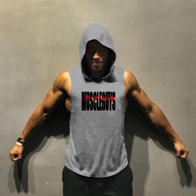 Muscleguys Gyms Clothing Bodybuilding Stringer Tank Top Hoodie Muscle Shirt Fitness Men Deep Cut Hooded Undershirt Workout Sleeveless Shirt