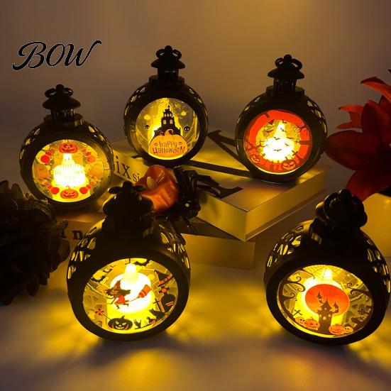 Retro Pocket Watch Lantern Halloween Pumpkin Lantern, LED Electronic Candle Light, Vintage Spooky Silhouette Decor Handheld Decorative Lamp