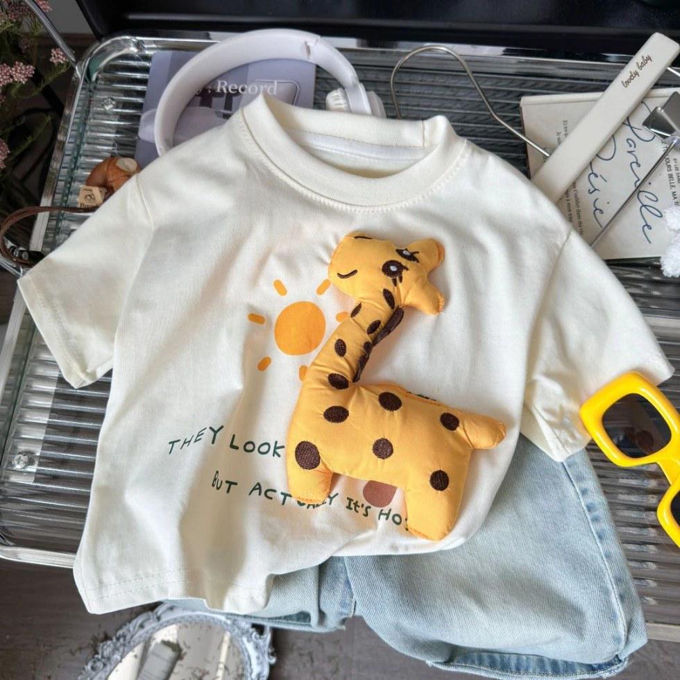 Унисекс Детская Милая Хлопковая Футболка с 3D Жирафом, Короткий Рукав, Летний Стиль