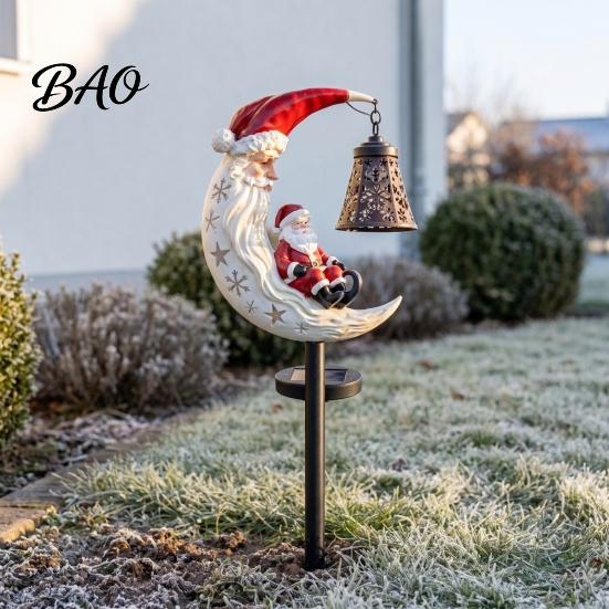 Festive Resin Santa Lights Moon Garden Stake Light, Solar Powered Claus Lamp Outdoor Decoration with Stake, Holiday Decorative Light for Yard