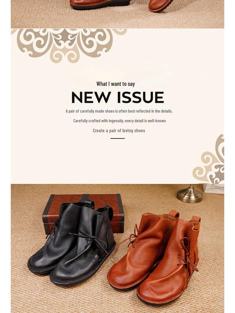2025 Women's Retro Slouch Boots - High-End Cowhide, Soft Sole, Flat Heel Casual Short Boots