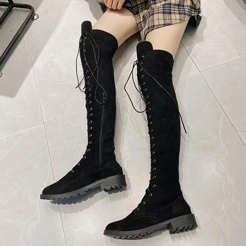 Fashion High Quality Lace Up High Knee High Women's Boots 2024 Platform Low Heel Comfortable Solid Color Fashionable Boots for Women